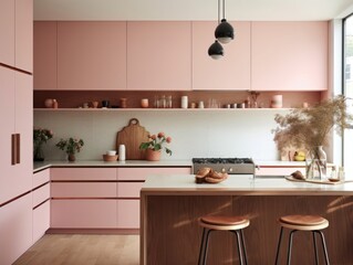 Lovely pink pastel kitchen room interior. Generative AI