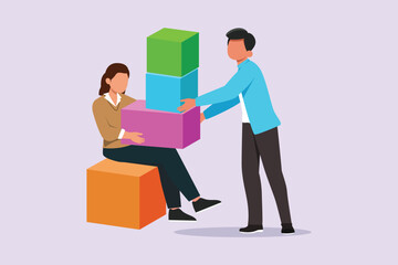 Concept of co working, business partnership, analytics or teamwork. Colleagues work together with geometrical shapes. Colored flat vector illustration isolated. 