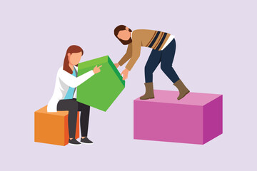 Concept of co working, business partnership, analytics or teamwork. Colleagues work together with geometrical shapes. Colored flat vector illustration isolated. 