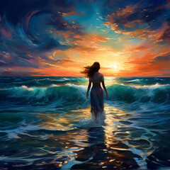 Fototapeta premium a woman enjoying the waves coming in under a beautiful evening sky
