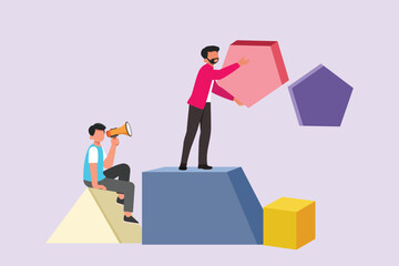 Concept of co working, business partnership, analytics or teamwork. Colleagues work together with geometrical shapes. Colored flat vector illustration isolated. 