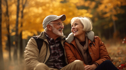 an American senior couple in their early 60s having a great time in there retirement years during the autumn season, pine trees in the background.