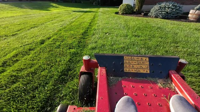 Riding zero turn mower mowing, Lawn Care, cutting green grass, 4k
