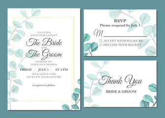 Fototapeta na wymiar Manual painted of eucalyptus leaves watercolor as wedding invitation 