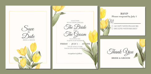 Fototapeta na wymiar Manual painted of yellow tulip flower watercolor as wedding invitation 