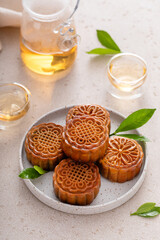 Traditional Chinese mooncakes for mid autumn festival with egg yolk and bean paste filling