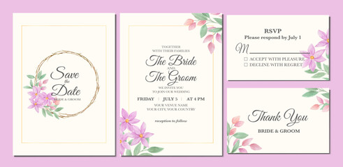 Manual painted of purple flower watercolor as wedding invitation 
