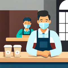 People working indoors at job serve coffee at shop while wearing covid masks, cartoon