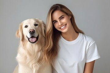 女性と愛犬　白背景