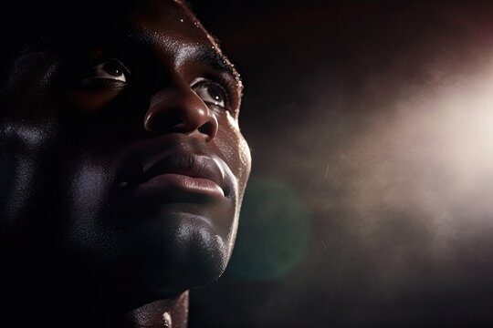 Defiant African American basketball player's close-up portrait, looking left in dim court light. Photo generative AI