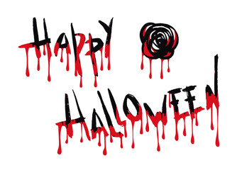 Bloody Happy halloween lettering with bloody rose. Hand drawn digital illustration. Vector background.