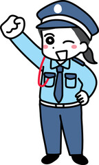 笑顔でガッツポーズをしている若い女性警備員(全身)
