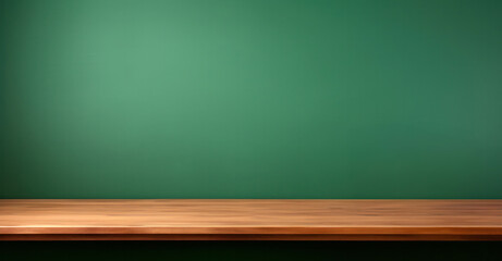 Empty wooden table over green chalkboard background, product display montage. High quality photo