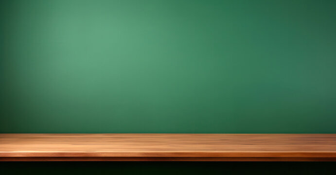 Empty wooden table over green chalkboard background, product display montage. High quality photo - Powered by Adobe