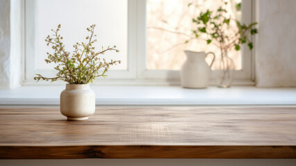 Fototapeta na wymiar Empty wooden table with vase of wildflowers on the windowsill. High quality photo