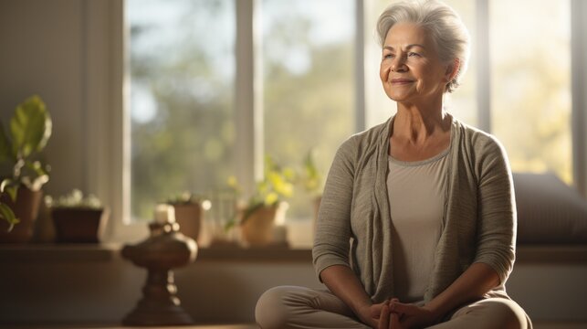 Senior woman doing yoga at home.