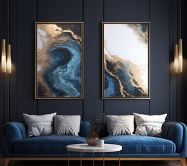 2 empty canvas posters, in the style of dark gold and dark blue interior