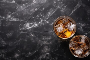 Whiskey with ice cubes on black marble background, top view
