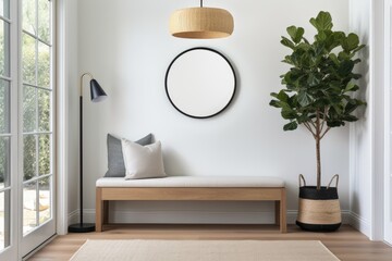 welcoming foyer with a natural wood bench, a round mirror framed in brass, and a statement pendant light made from black metal and clear glass