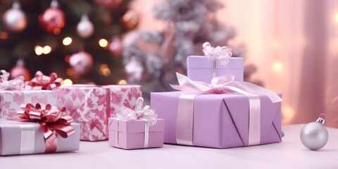 Christmas gift box under the tree. Colorful multicolored gift boxes. Merry Christmas and Happy New Year. Festive bright beautiful background.