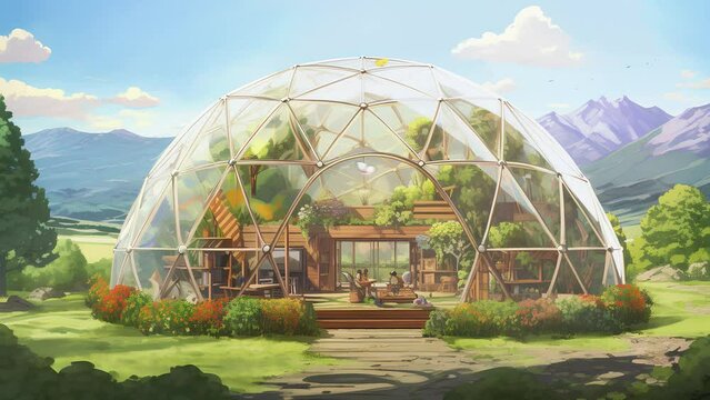 Geodesic dome. Butterfly fly near eco dome in sunny day. 4k loop animation background.  Generated AI Video.
