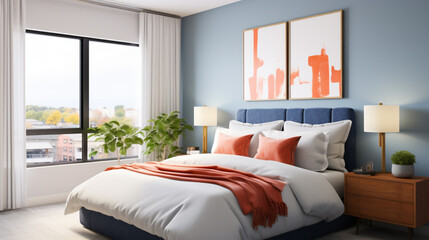 Interior design concept of a bedroom with a light blue walls, white bedding, and navy blue curtains.