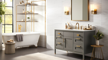 Fototapeta na wymiar Interior design concept of a bathroom with white tiles, gray vanity, and chrome fixtures.