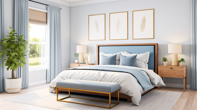 A mockup photo of a bedroom with a light blue walls, white bedding, and navy blue curtains.