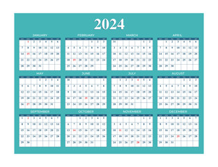 Calendar design in vector format for the year 2024, featuring all 12 months on a single page.