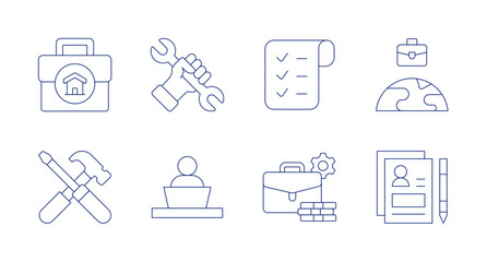 Work icons. Editable stroke. Containing work from home, wrench, shopping list, work, tools, working at home, working conditions, resume.