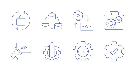 Work icons. Editable stroke. Containing work, exchange, work in progress, time management, check.
