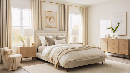 Interior design concept of a bedroom with neutral-colored bed frame, bedding, and curtains.
