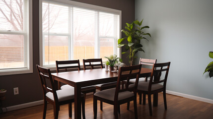 Fototapeta na wymiar A dining room with a dark wood table, white chairs, and light gray walls. Interior design concept.
