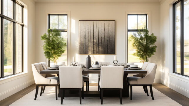 A photo of a dining room with a dark wood table, white chairs, and light gray walls.