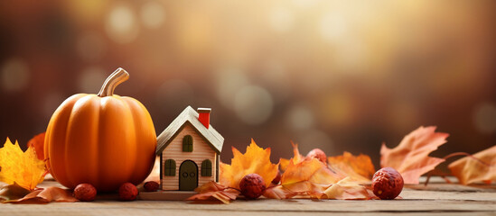 Naklejka na ściany i meble cozy autumn vibes with toy house and pumpkin on wooden background