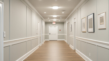 An interior design of an apartment hallway with neutral-colored walls, flooring, and light fixtures.