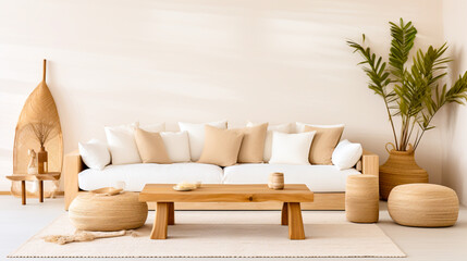 A mockup of a living room with neutral-colored walls, furniture, and accessories.