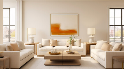 A mockup of a living room with neutral-colored walls, furniture, picture frame on the wall, and accessories.