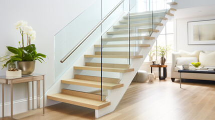 A photo of a staircase with neutral-colored treads, risers, and railings.
