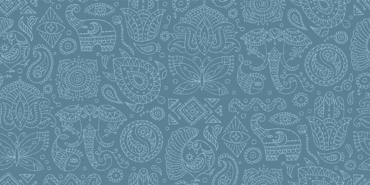 Indian vintage ornament for your design. Esoteric and animals, design elements, Seamless pattern background