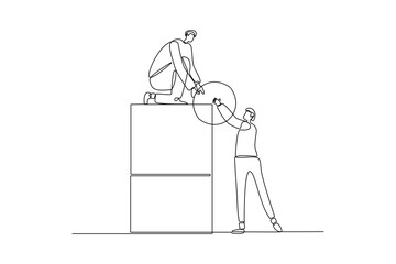 One continuous line drawing of Concept of co working, business partnership, analytics or teamwork. Colleagues work together with geometrical shapes. Doodle vector illustration in simple linear style. 