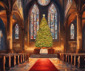 Fototapeta na wymiar Abstract painting christmas tree in the church with copy space