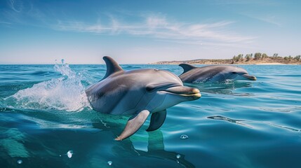 Portrait dolphin appearing in the sea with light exposure
