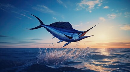 Portrait blue marlin fish jumping over the sea AI Generative