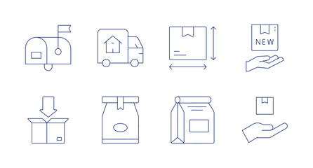 Delivery icons. Editable stroke. Containing mailbox, moving truck, size, new product, packing, paper bag, shipping.