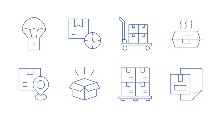 Delivery icons. Editable stroke. Containing humanitarian, lead time, loading, lunch box, package, packing.