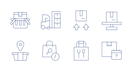 Fototapeta na wymiar Delivery icons. Editable stroke. Containing product, door delivery, door to door, drone delivery, express delivery.