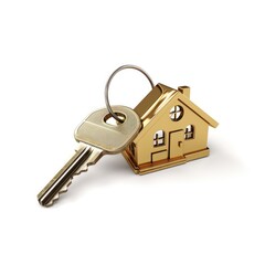 Real estate Gold house with key on white background 