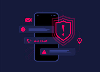 Mobile Fraud Alert, Phone scam, Online Warning. Spam Distribution or Malware Spreading Virus - mobile fraud alert warning notification. Vector isolated illustration on dark background with icons - obrazy, fototapety, plakaty