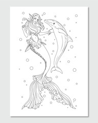 Mermaid and The Dolphin Doodle Line Art Illustration